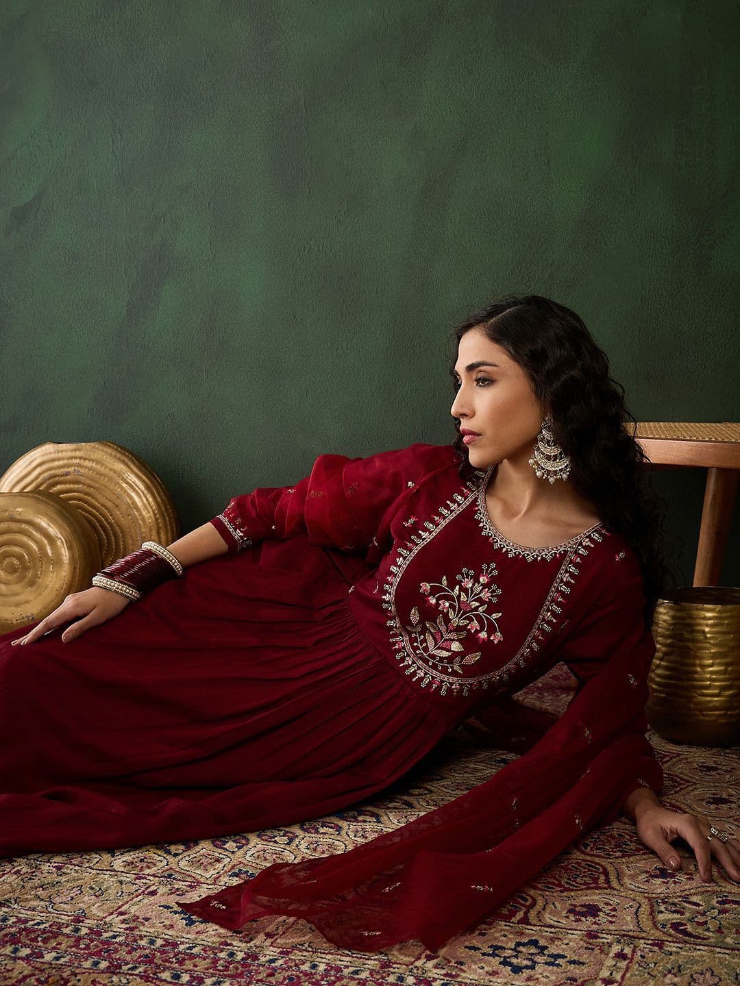 Sangria Floral Yoke Design Pleated Sequinned Kurta With Trousers & Dupatta - view 1