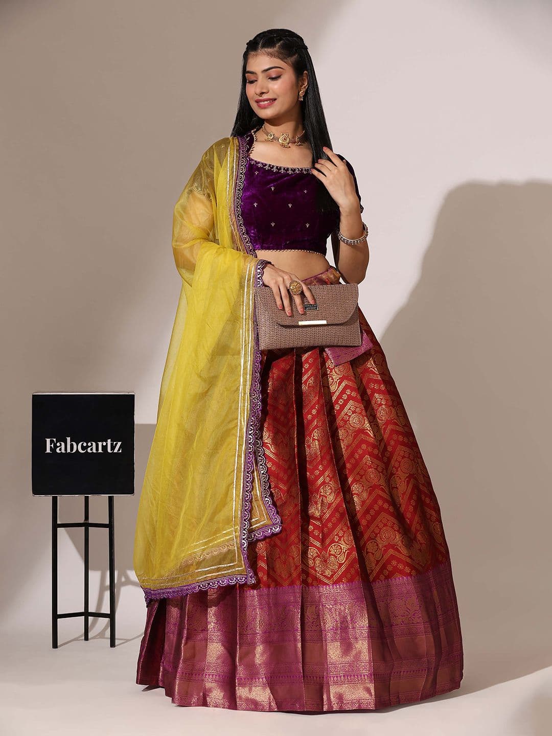 Fabcartz Embroidered Sequinned Semi-Stitched Lehenga & Unstitched Blouse With Dupatta - view 1