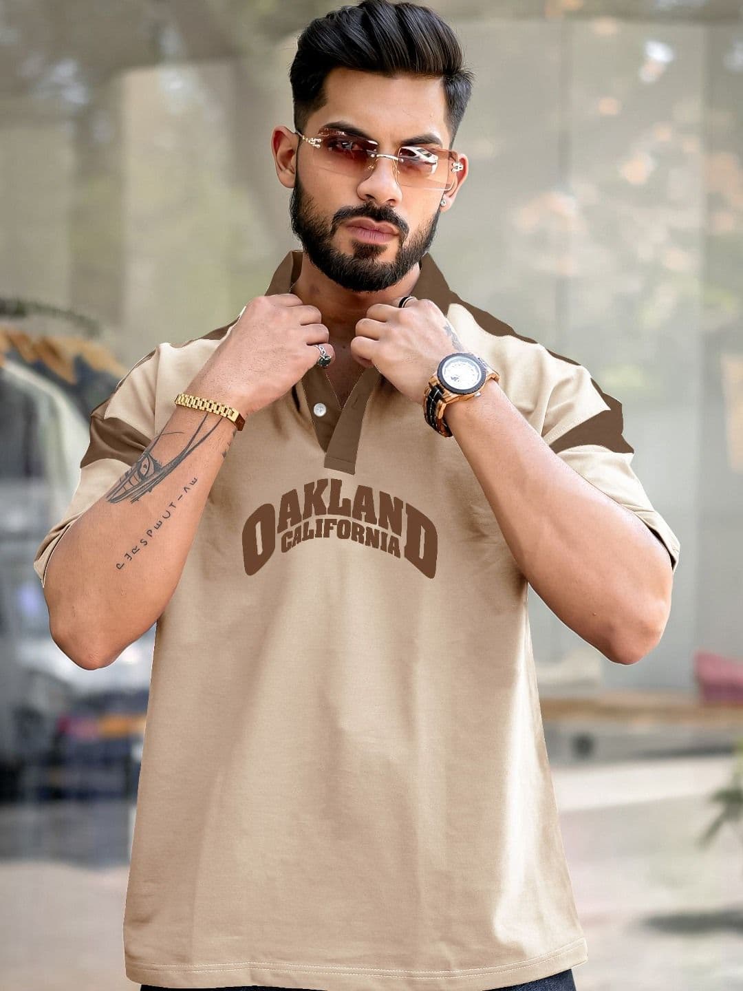 Maniac Men Solid Polo Collar Cotton Oversized T-Shirt - view 1