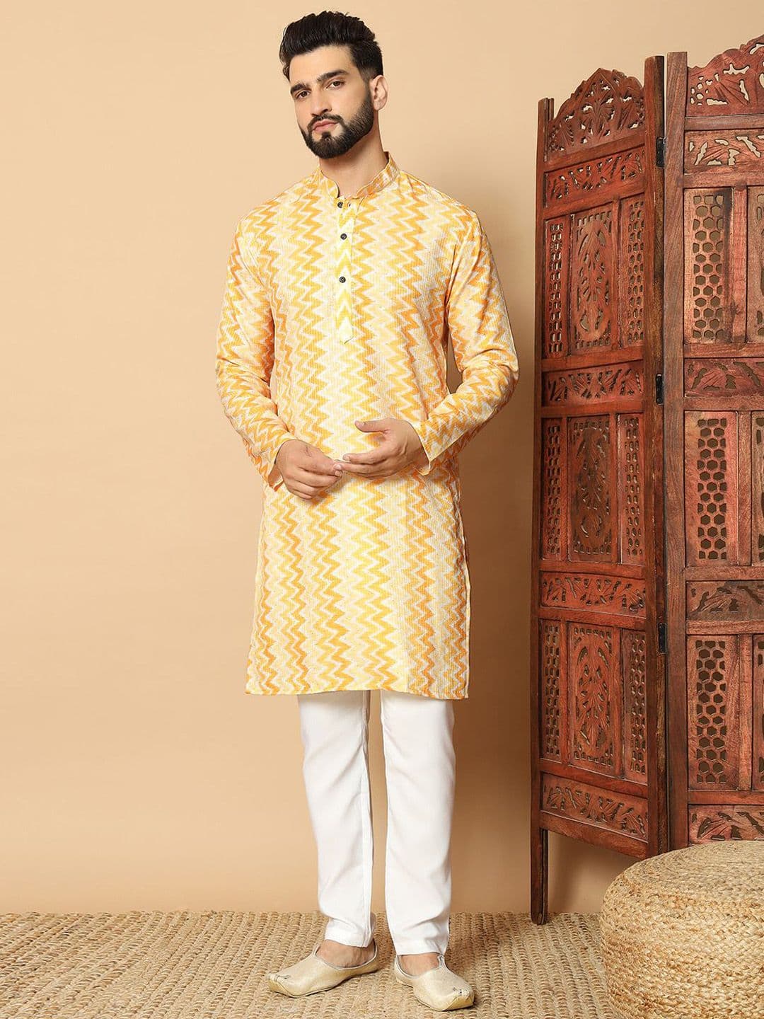 FoxDX Chevron Printed Mandarin Collar Pure Cotton Straight Kurta - view 1