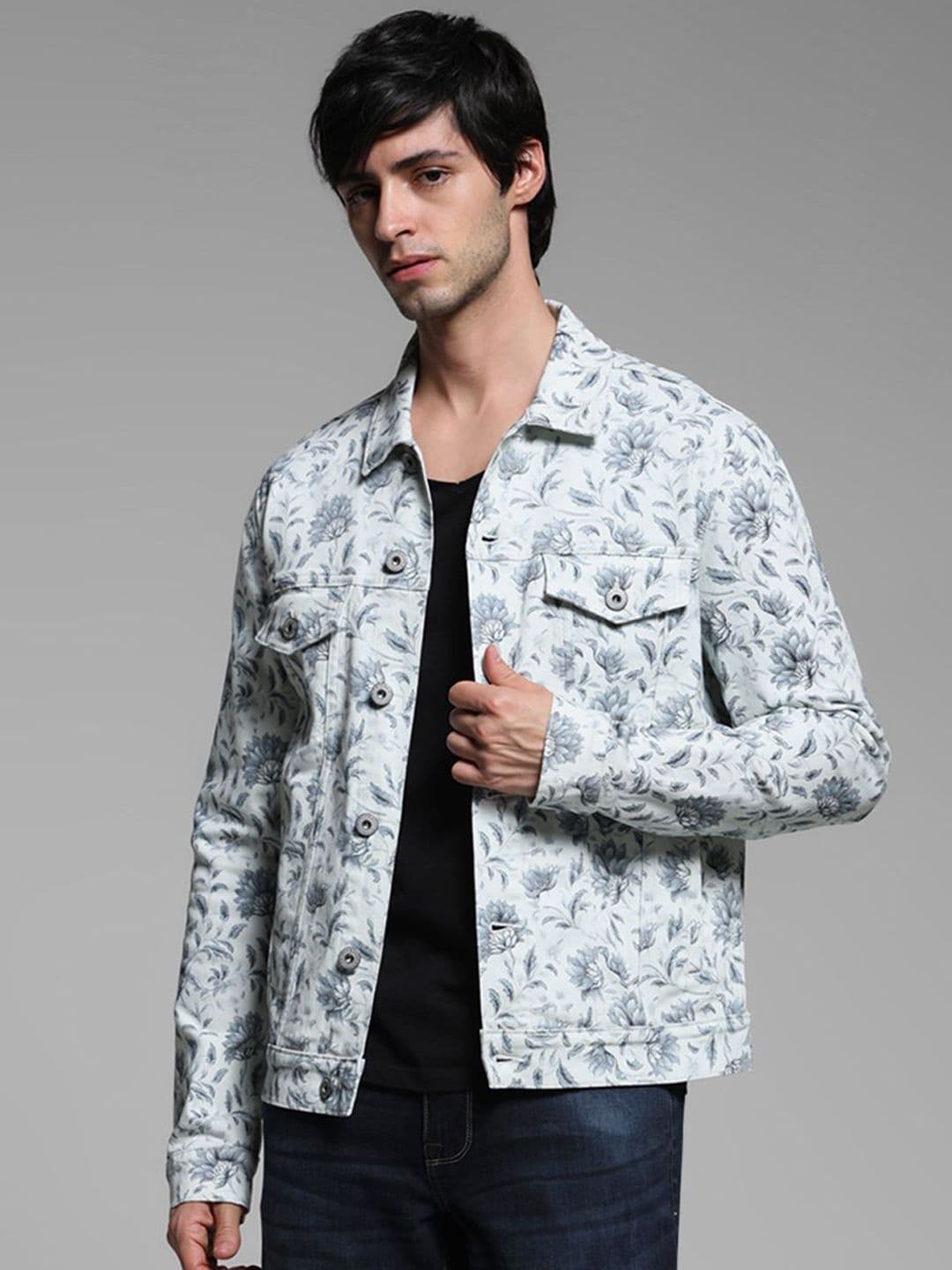 Jack & Jones Men Geometric Crop Denim Jacket with Embroidered - view 1