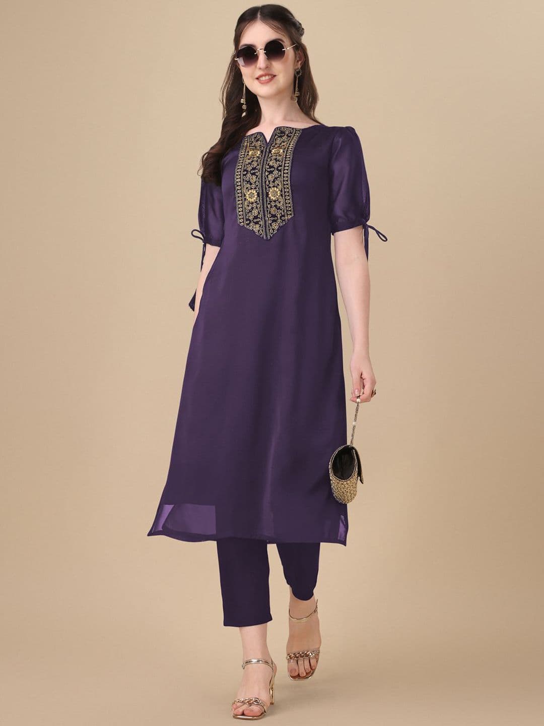 GOROLY Floral Embroidered Puff Sleeves Thread Work Art Silk Straight Kurta - view 1