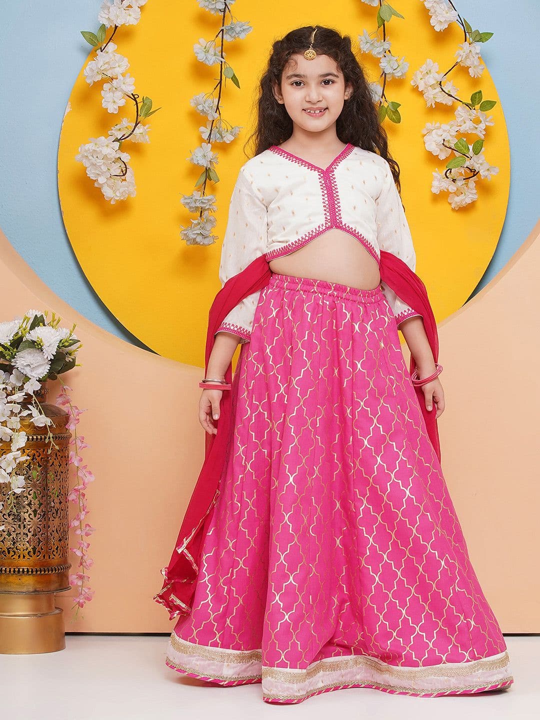 Bitiya by Bhama Girls Floral Embroidered Ready to Wear Cotton Lehenga & Blouse & Dupatta - view 1
