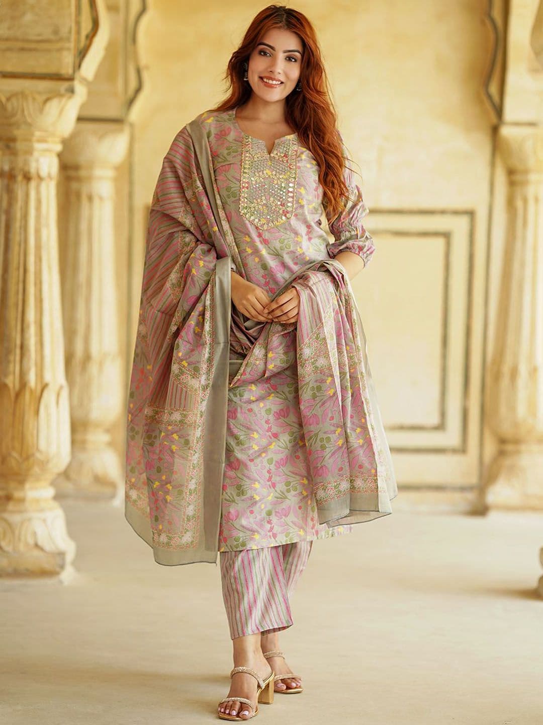 KALINI Floral Printed Thread Work Pure Cotton Straight Kurta With Trousers & Dupatta - view 1