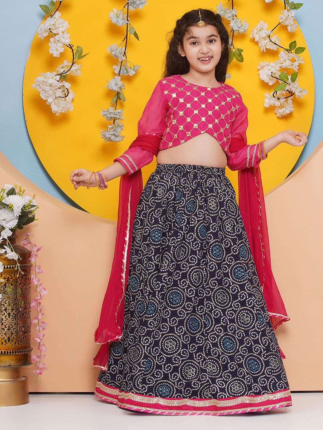 Bitiya by Bhama Girls Floral Mirror Work Ready to Wear Lehenga & Blouse With Dupatta - view 1