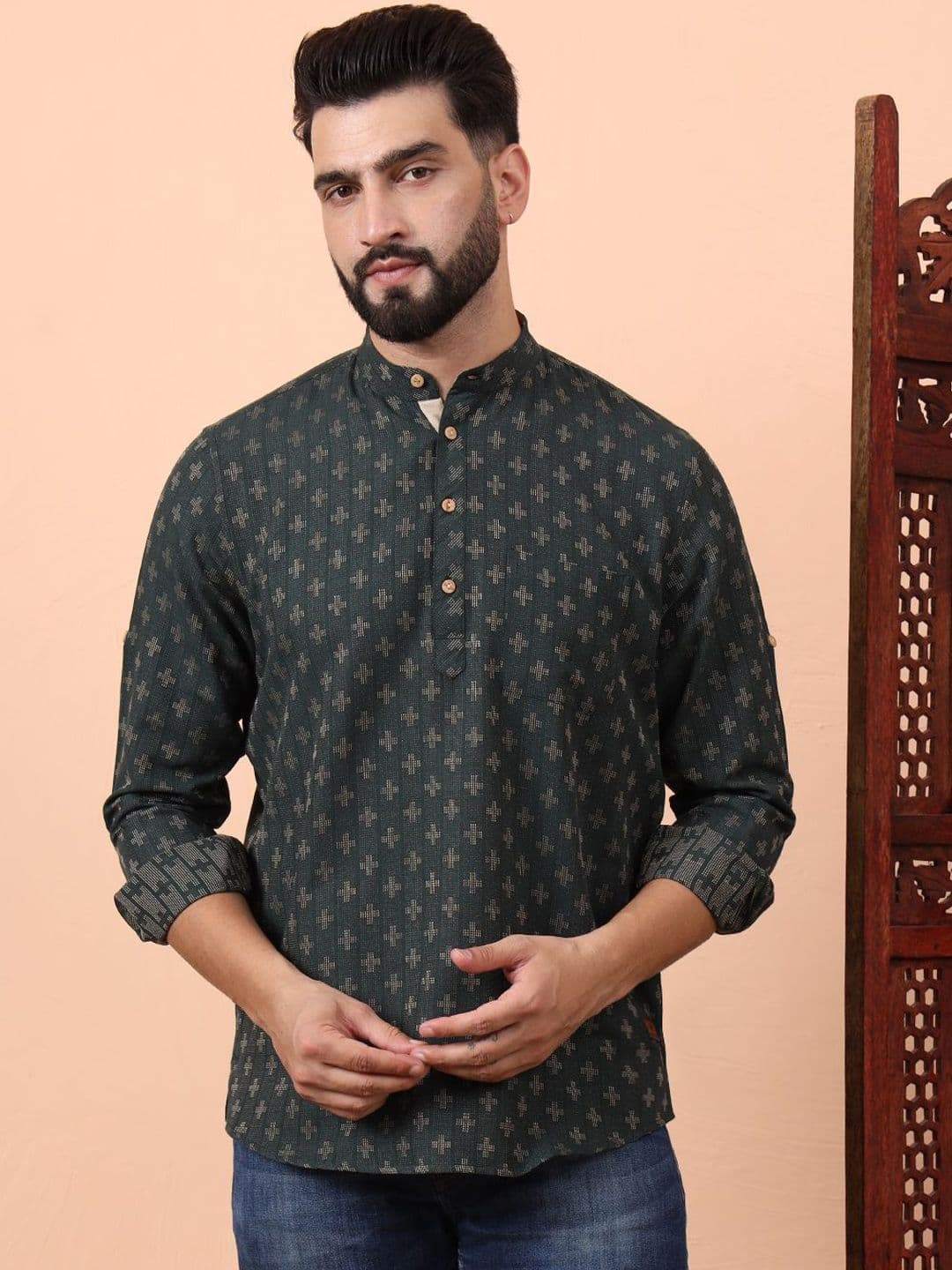 Latest Chikan Garments Geometric Woven Design Mandarin Collar Straight Short Kurta - view 1