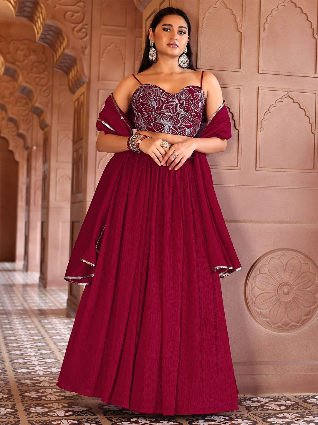 PURVAJA Embroidered Sequinned Ready to Wear Lehenga & Unstitched Blouse With Dupatta - view 1