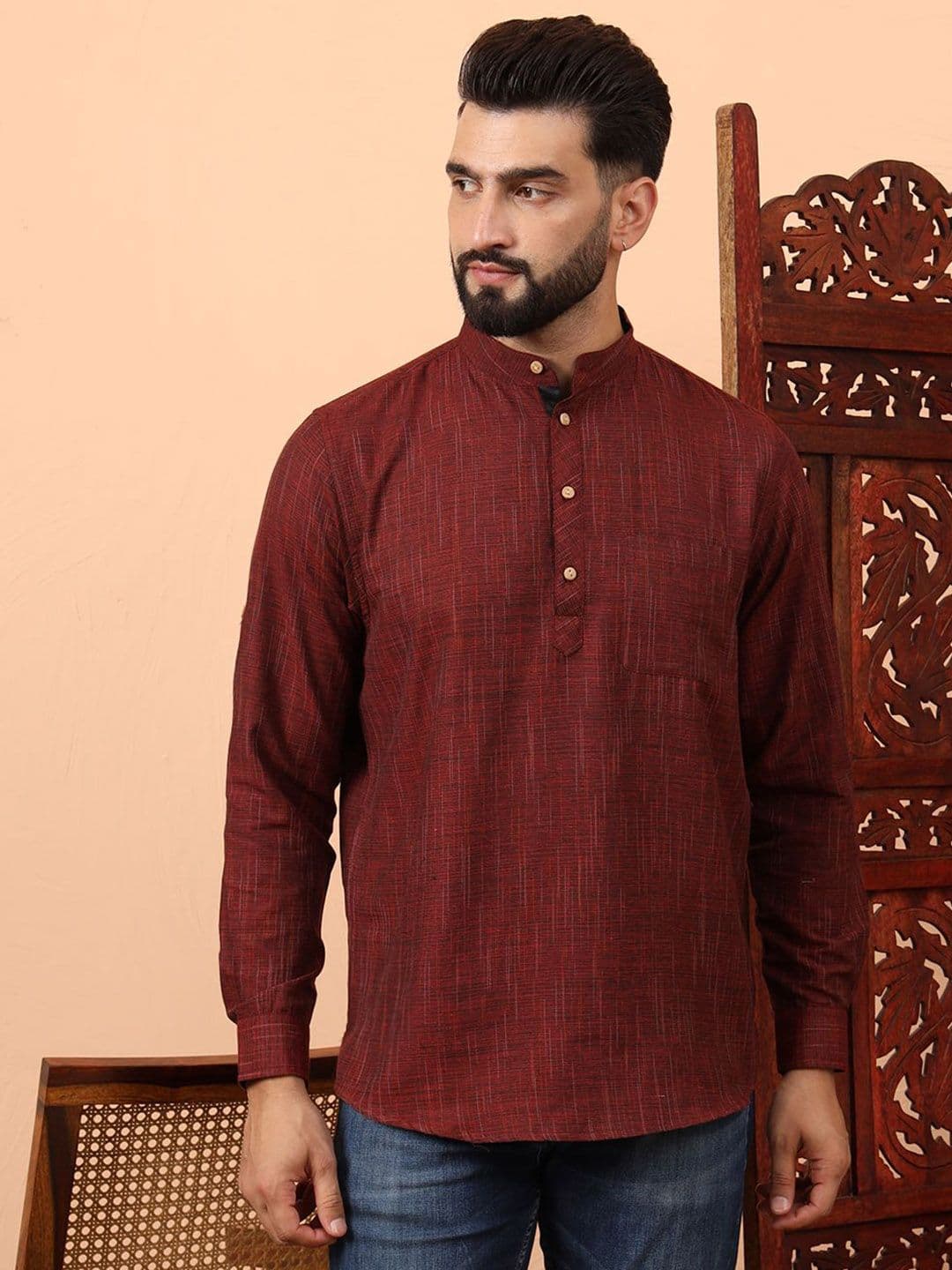 Latest Chikan Garments Striped Mandarin Collar Straight Short Kurta - view 1