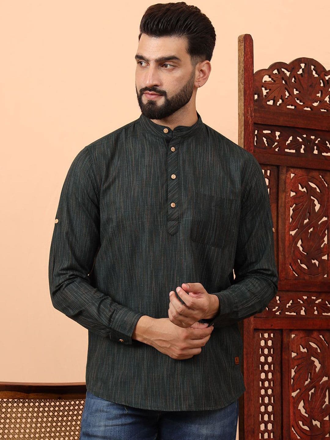 Latest Chikan Garments Striped Mandarin Collar Straight Short Kurta - view 1