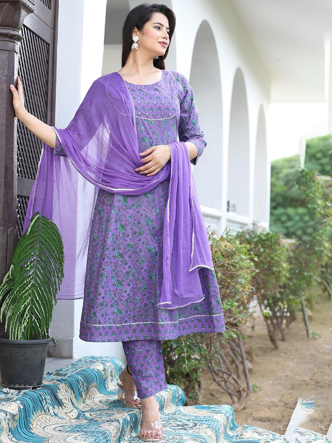 SINGNI Ethnic Motifs Pure Cotton Anarkali Kurta With Trousers & Dupatta - view 1