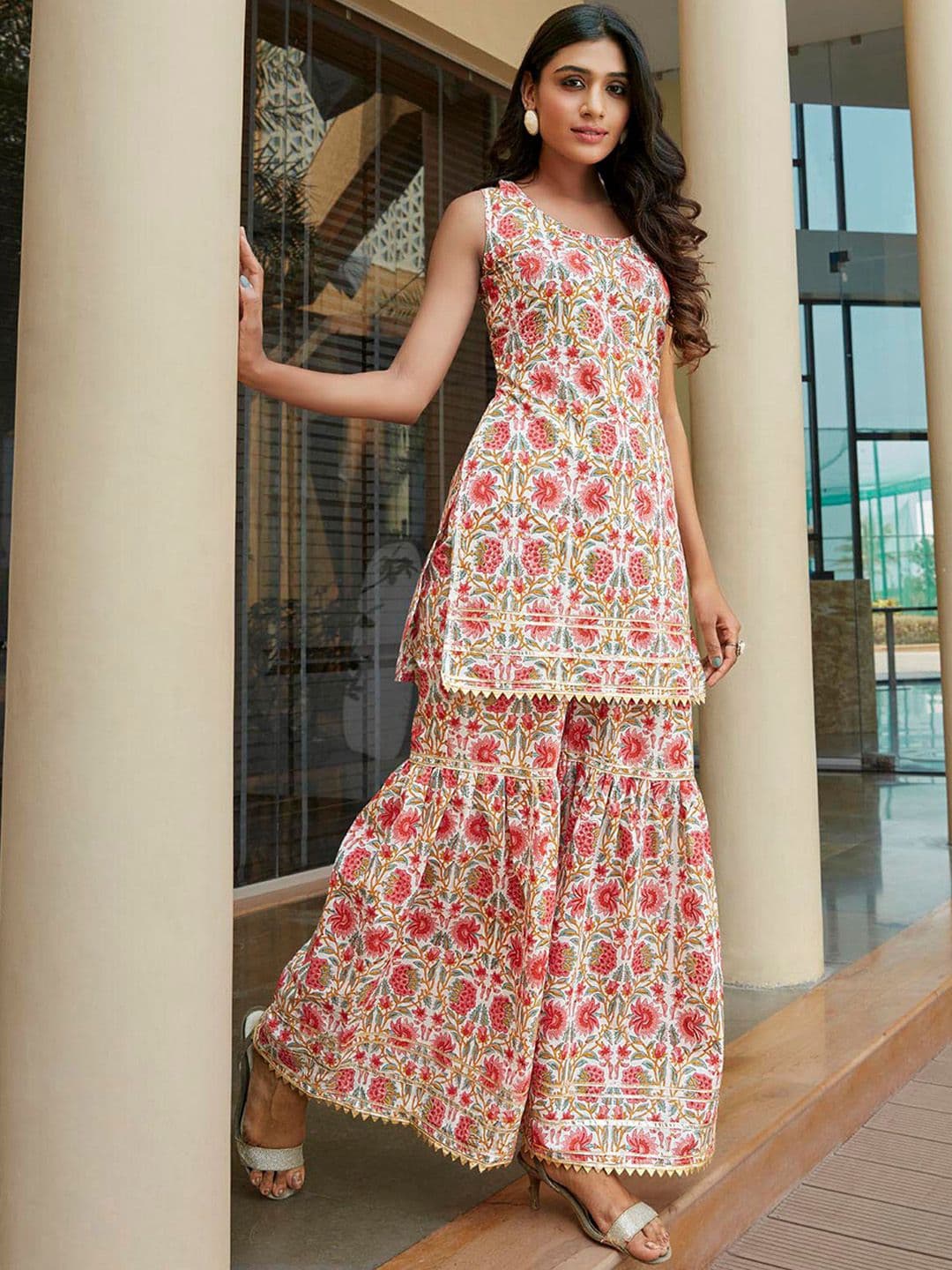 KALINI Floral Printed Gotta Patti Pure Cotton Kurta with Sharara - view 1