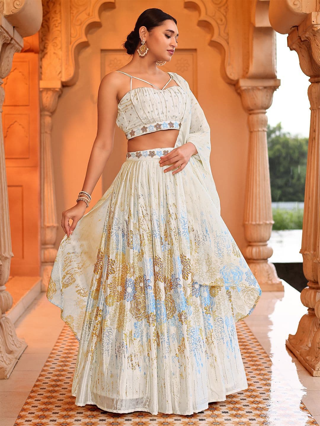 PURVAJA Printed Beads and Stones Ready to Wear Lehenga & Unstitched Blouse With Dupatta - view 1