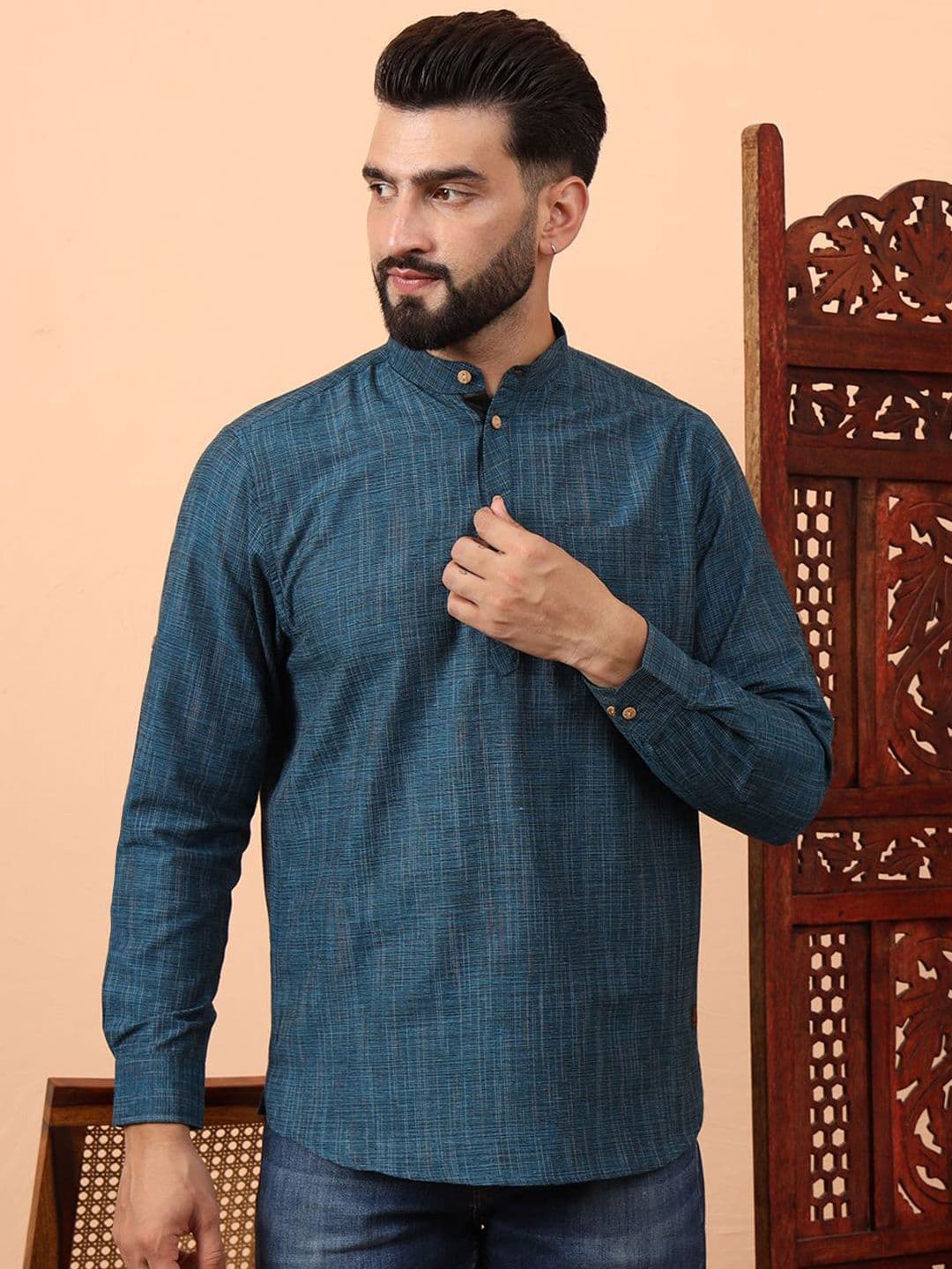 Latest Chikan Garments Striped Mandarin Collar Straight Short Kurta - view 1