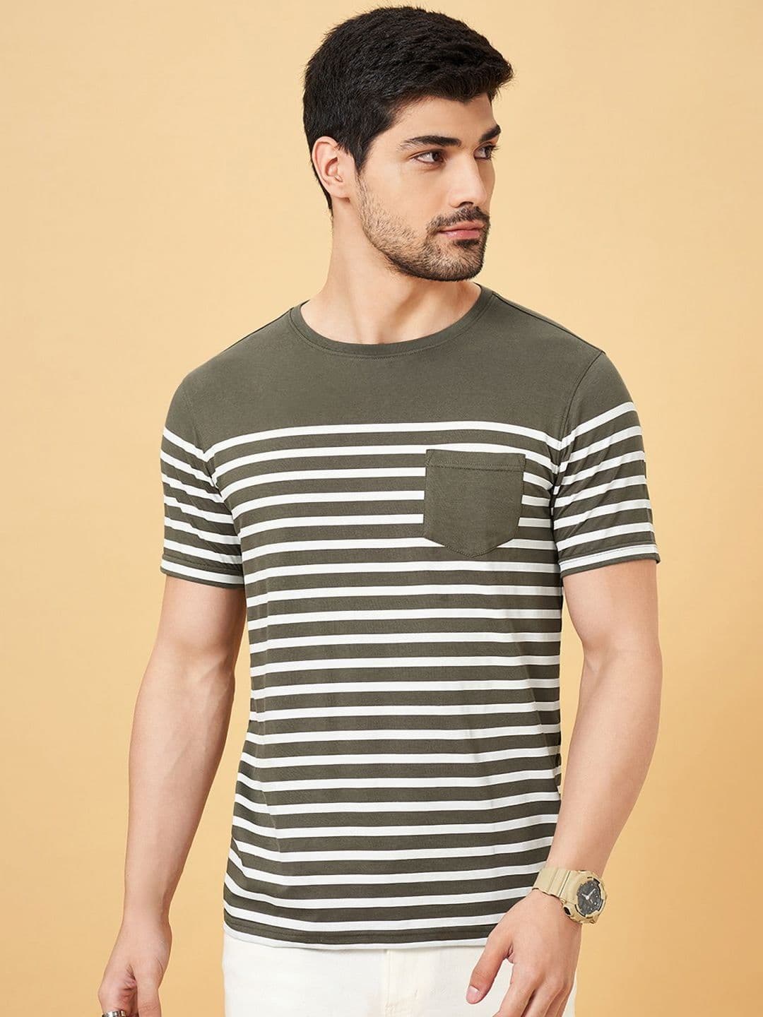 SF JEANS by Pantaloons Men Striped Round Neck Cotton Slim Fit T-Shirt - view 1