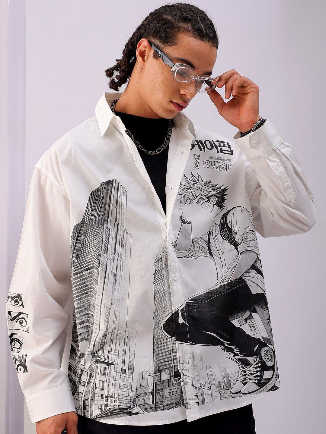 The Indian Garage Co Men Anime Printed Cotton Oversized Boxy Streetwear Shirt - view 1