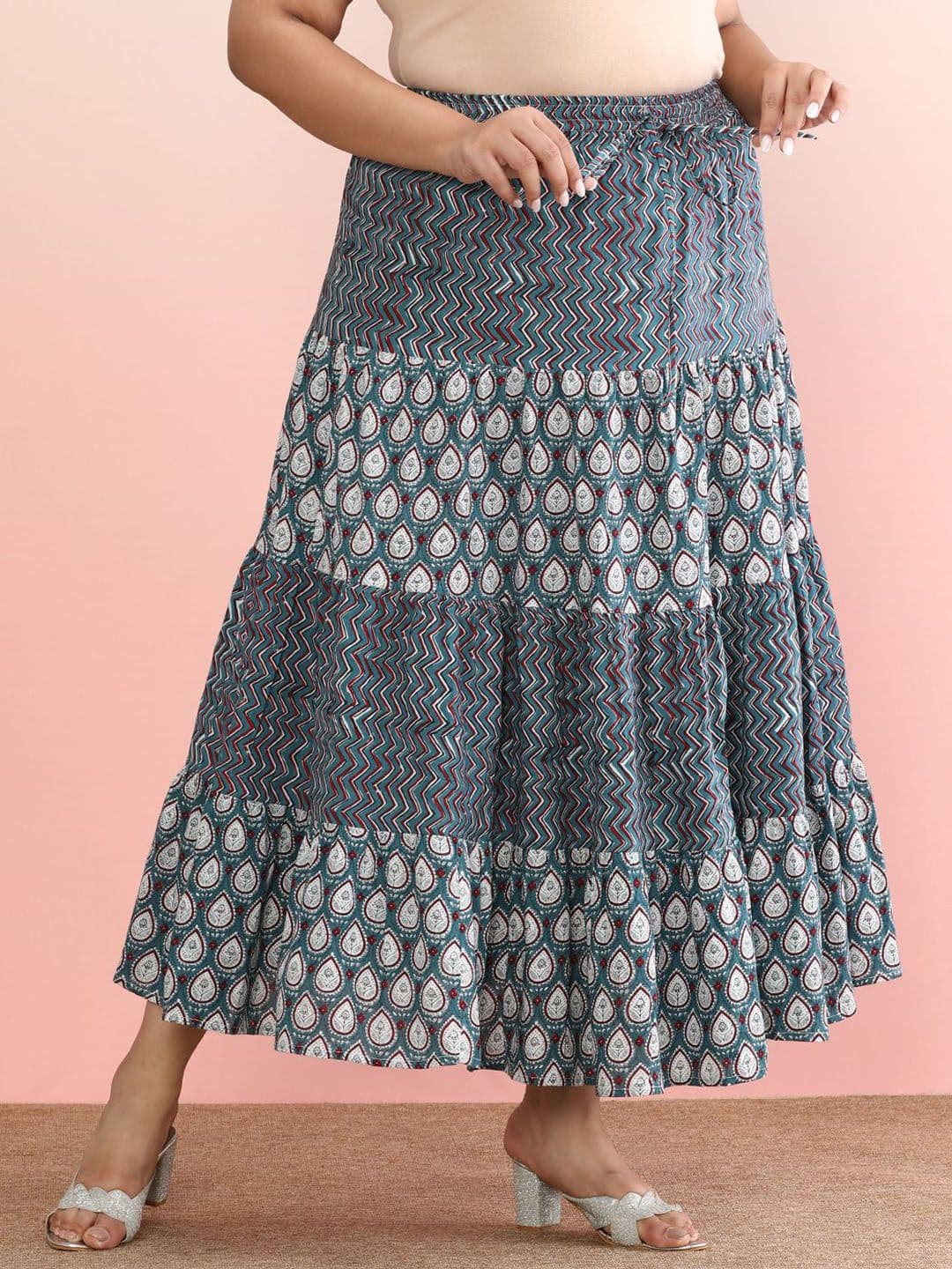 anayna Plus Size Printed Pure Cotton Tiered Maxi Skirts - view 1
