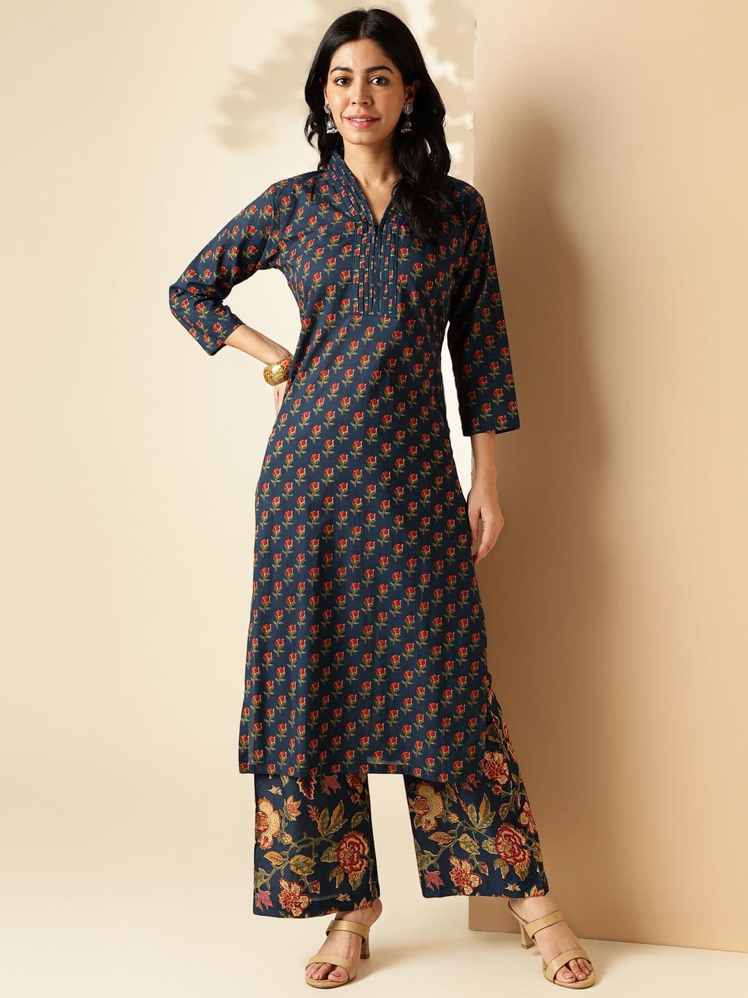 Vbuyz Floral Printed V Neck Pure Cotton Straight Kurta with Palazzos - view 1