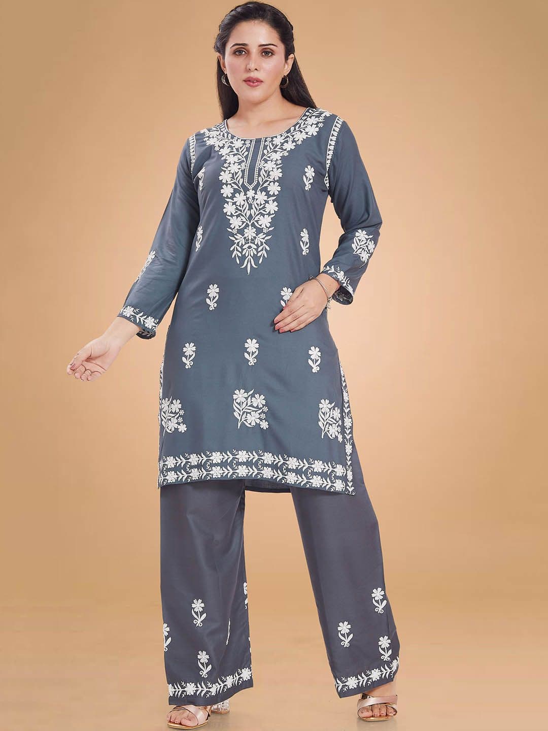 Rani Saahiba Floral Embroidered Chikankari Straight Kurta with Trousers - view 1