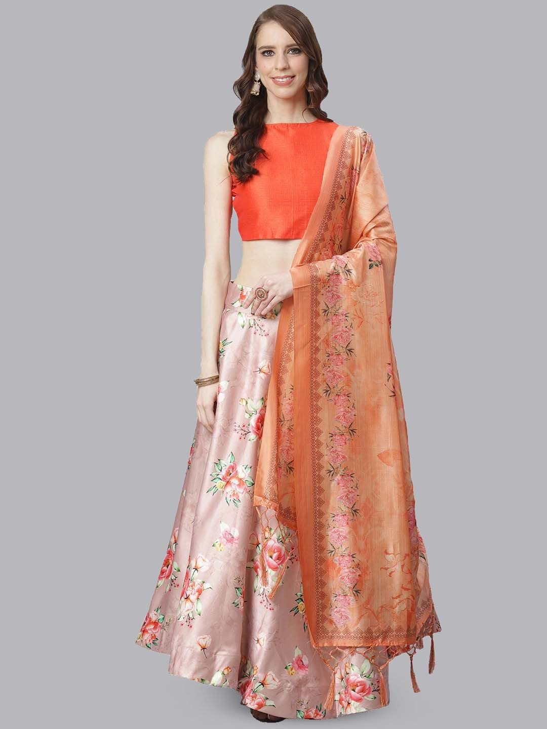 Kaizen TEXO FAB Floral Printed Semi-Stitched SatinLehenga & Unstitched Blouse With Dupatta - view 1