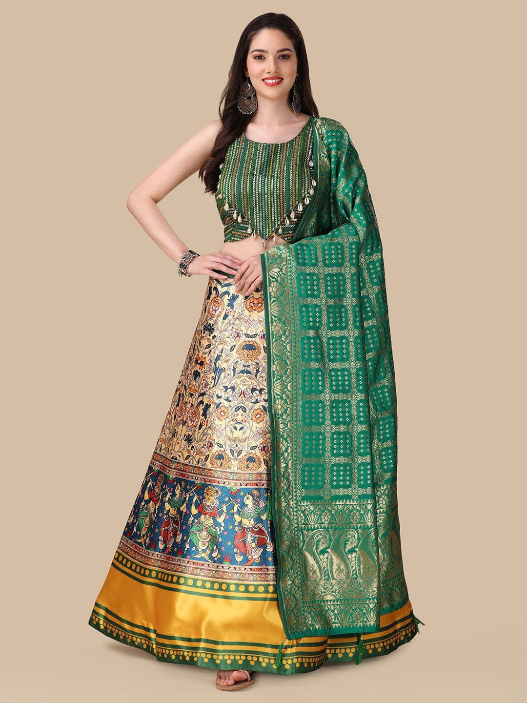Kaizen TEXO FAB Printed Satin Semi-Stitched Lehenga & Unstitched Blouse With Dupatta - view 1