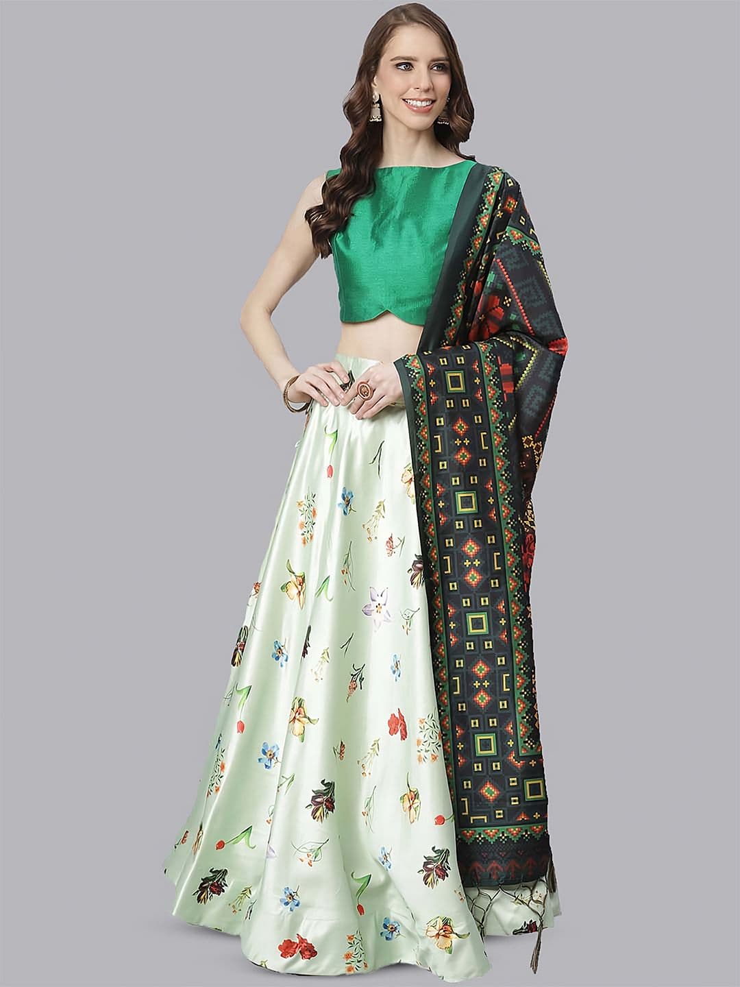 Kaizen TEXO FAB Printed Satin Semi-Stitched Lehenga & Unstitched Blouse With Dupatta - view 1