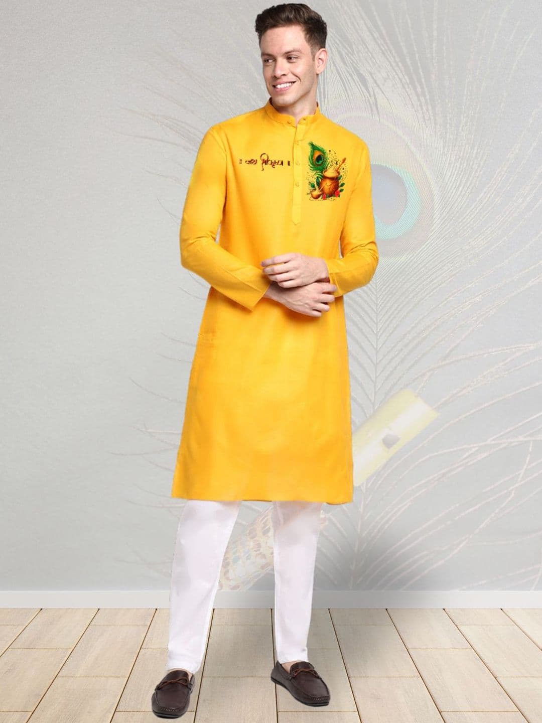 DEVOILER Yellow Printed Band Collar Straight Kurta - view 1