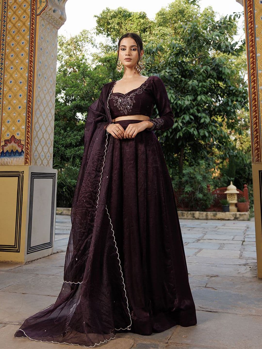 Ragavi Embroidered Velvet Mirror Work Ready to Wear Lehenga & Blouse With Dupatta - view 1