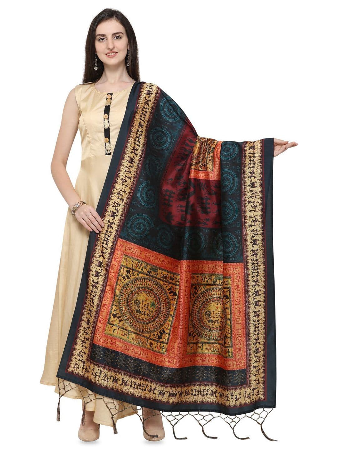 Kaizen TEXO FAB Ethnic Motifs Printed Assam Silk Tasselled Dupatta - view 1