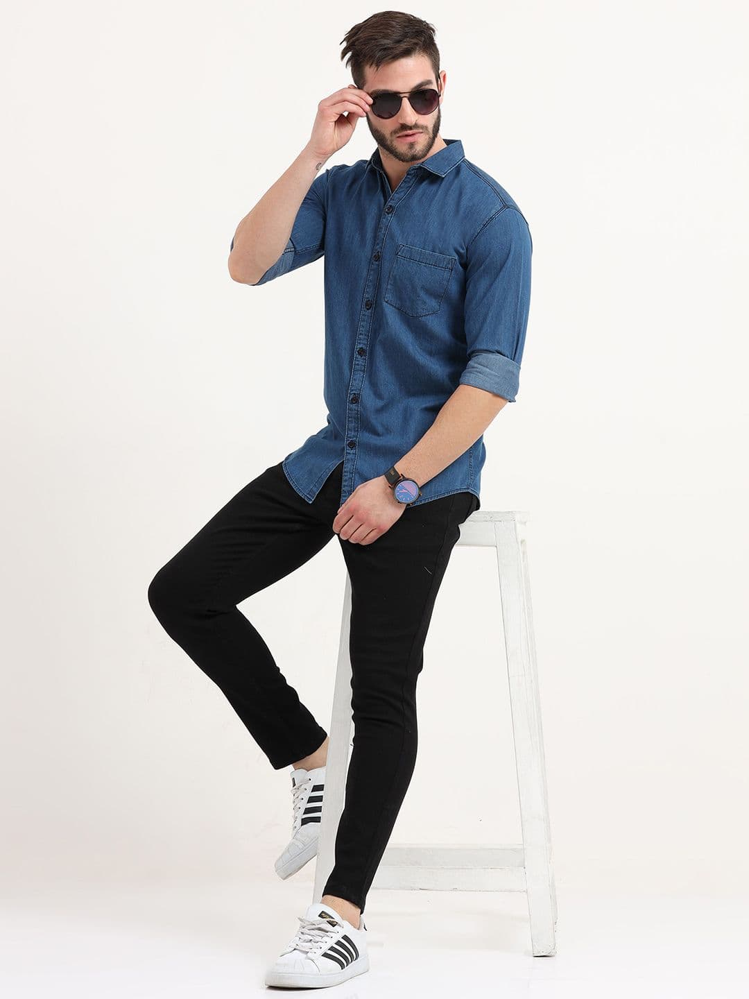 MIRAAN Cotton Denim Casual Shirt - view 1
