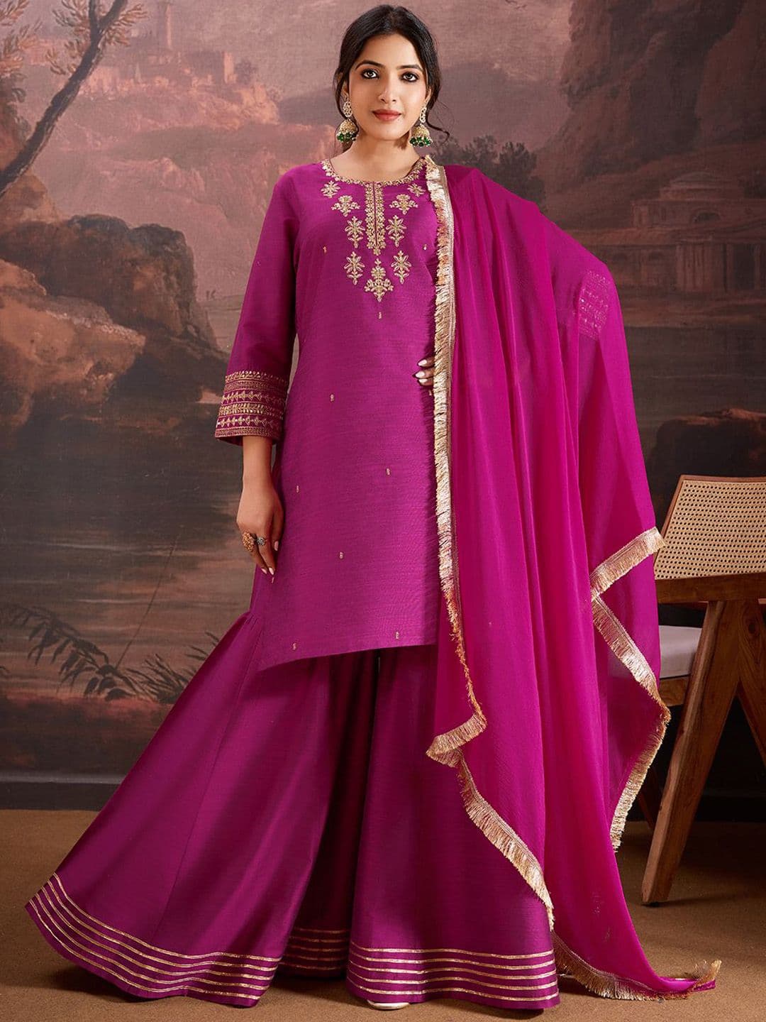 House of Pataudi Floral Embroidered Straight Kurta & Sharara with Dupatta - view 1