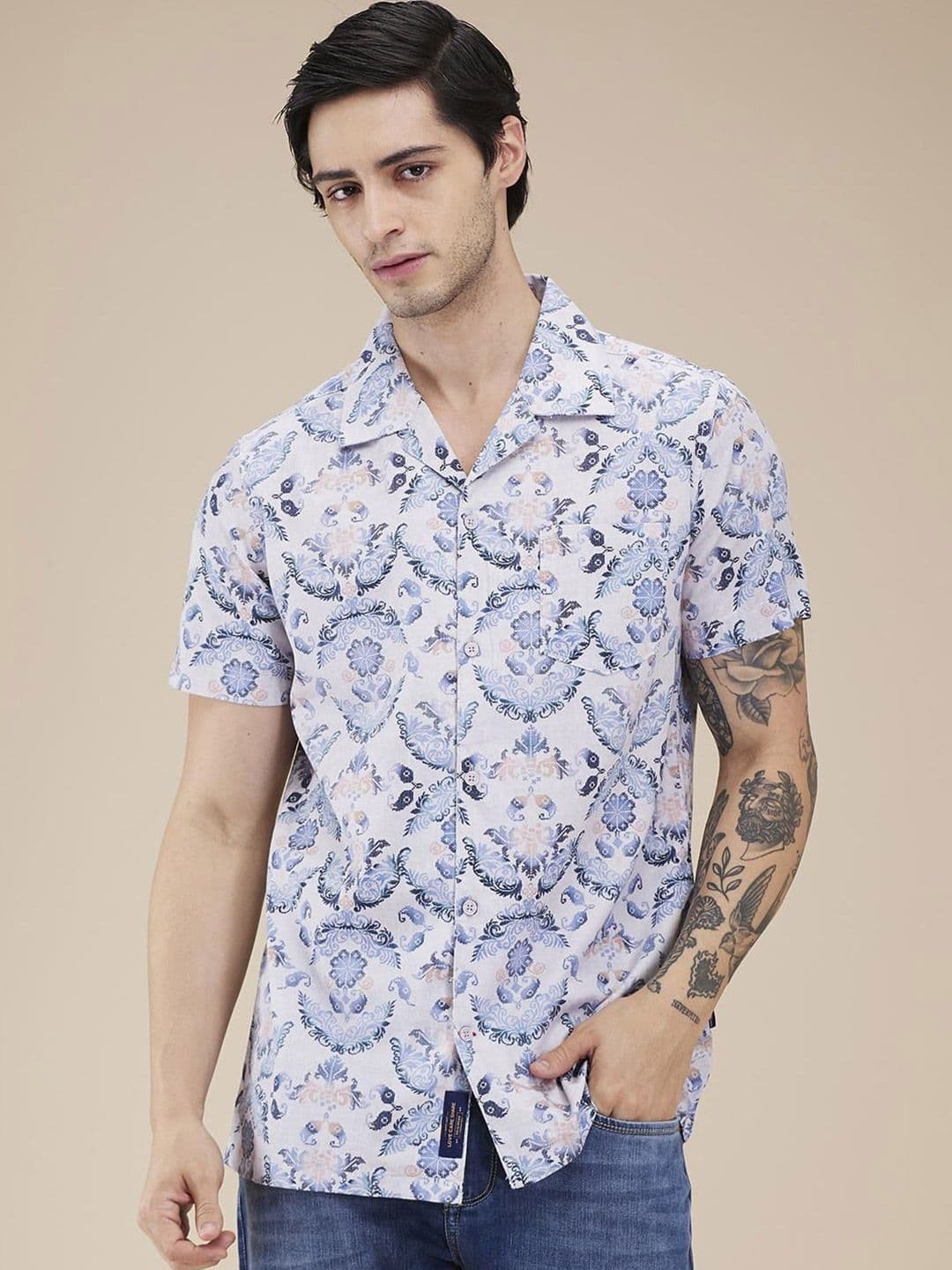 Being Human Men Classic Cuban Collar Floral Printed Cotton Casual Shirt - view 1