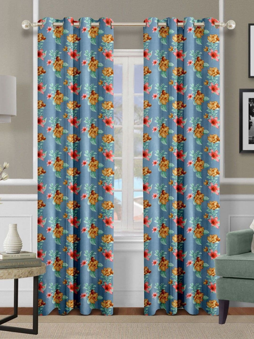 Cortina Blue & Red 2 Pieces Floral Printed Emboss Long Door Curtains - view 1