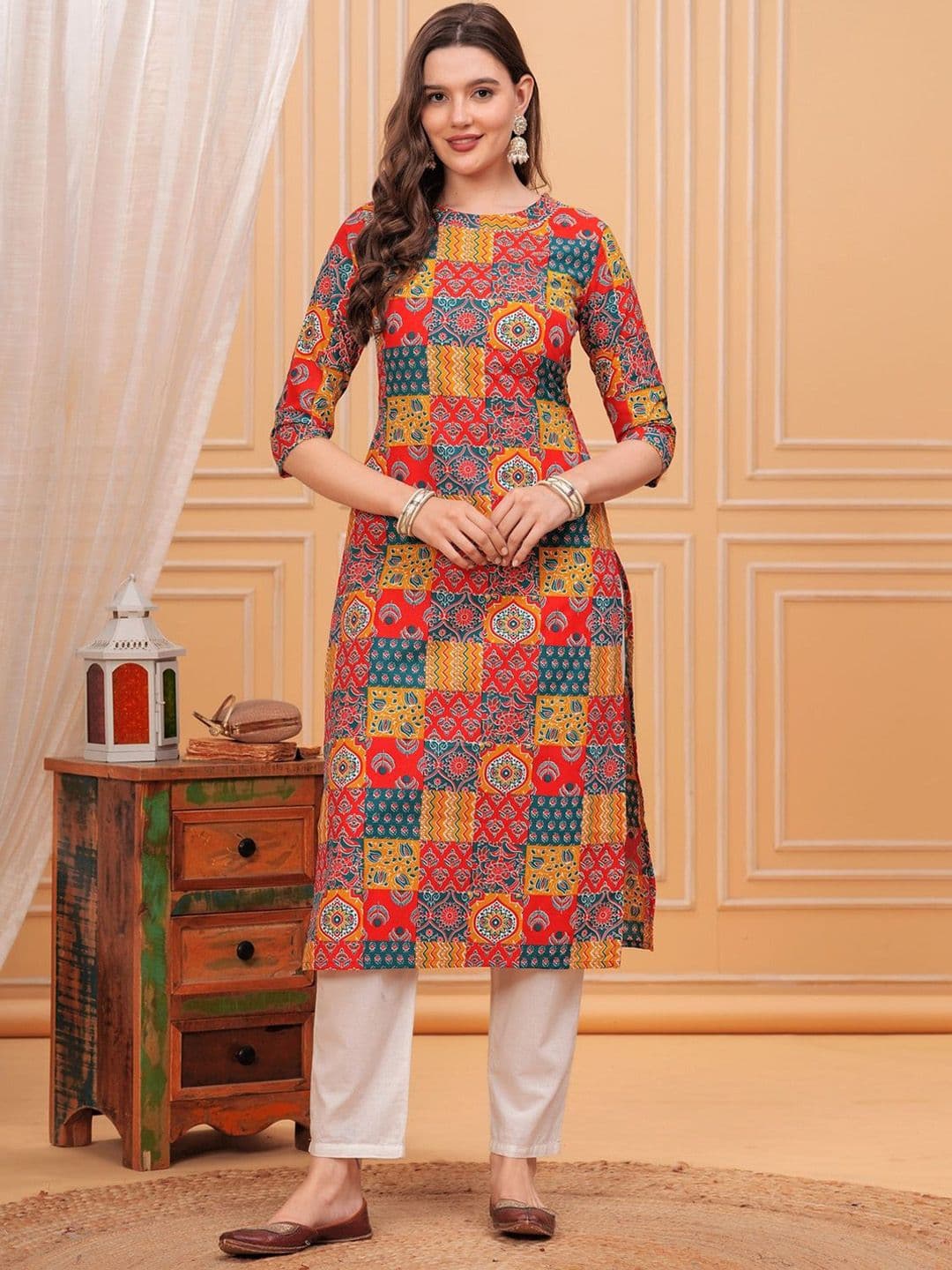 NEW4U Ethnic Motifs Printed Round Neck Straight Cotton Kurta - view 1