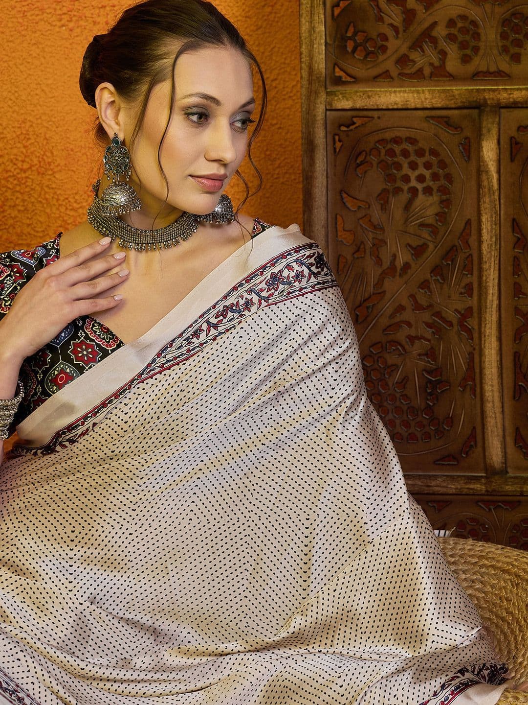 Sangria Ethnic Motifs Printed Satin Saree With Blouse - view 1