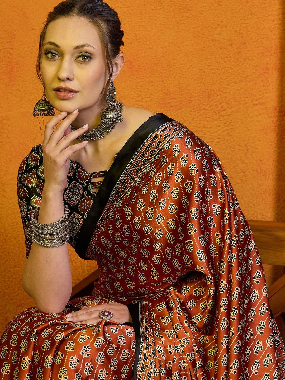 Sangria Women Rust Satin Block Printed Saree With Blouse Piece - view 1