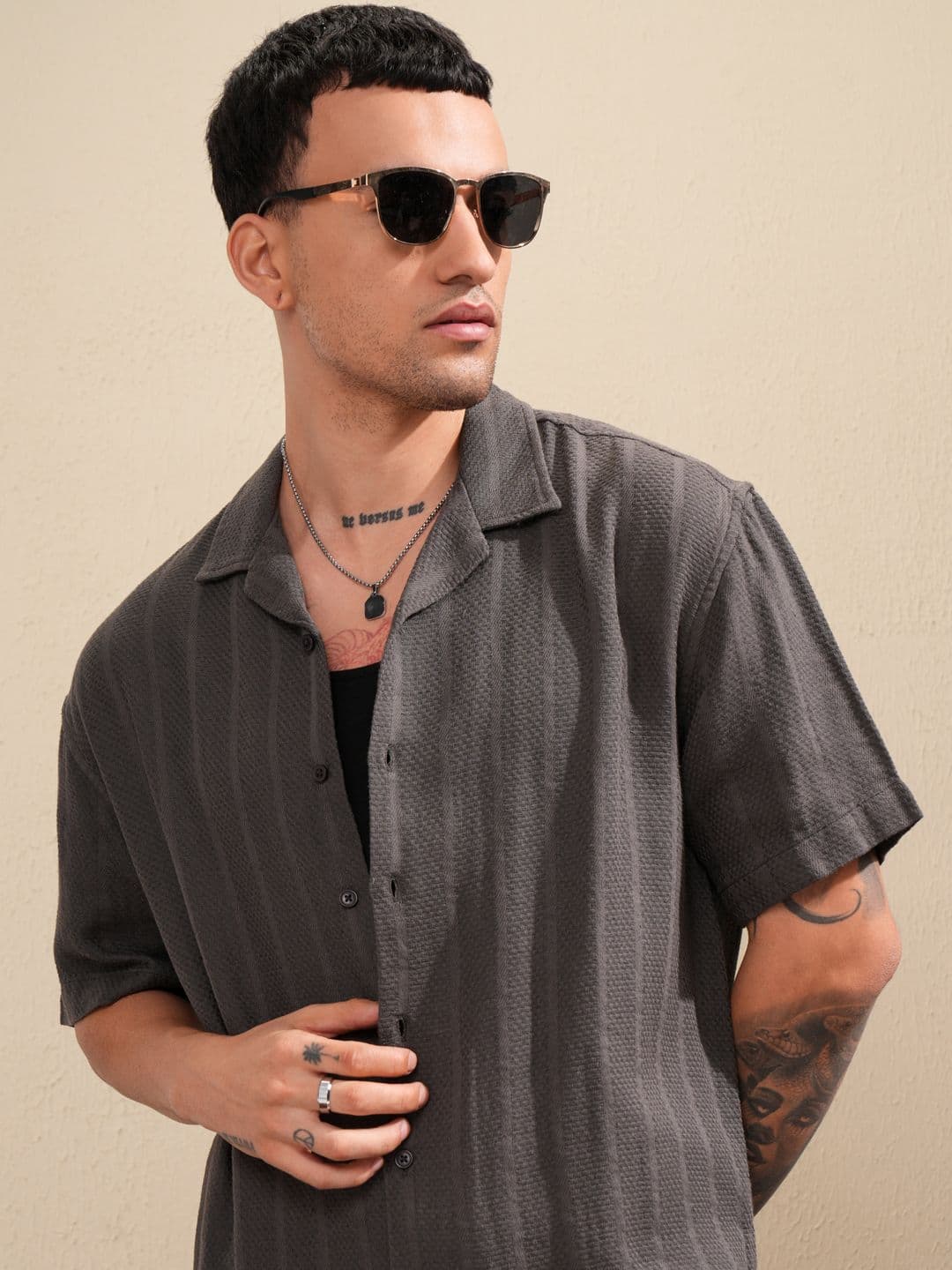 HIGHLANDER Men Dark Striped Dobby Textured Oversized Shirt - view 1