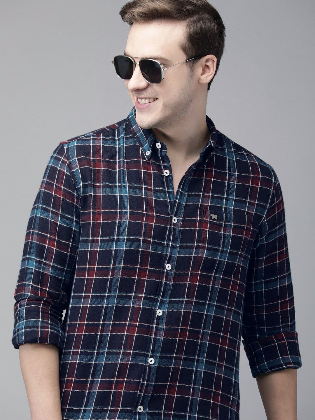 THE BEAR HOUSE Men Navy Blue Slim Fit Checked Flannel Pure Cotton Casual Shirt - view 1