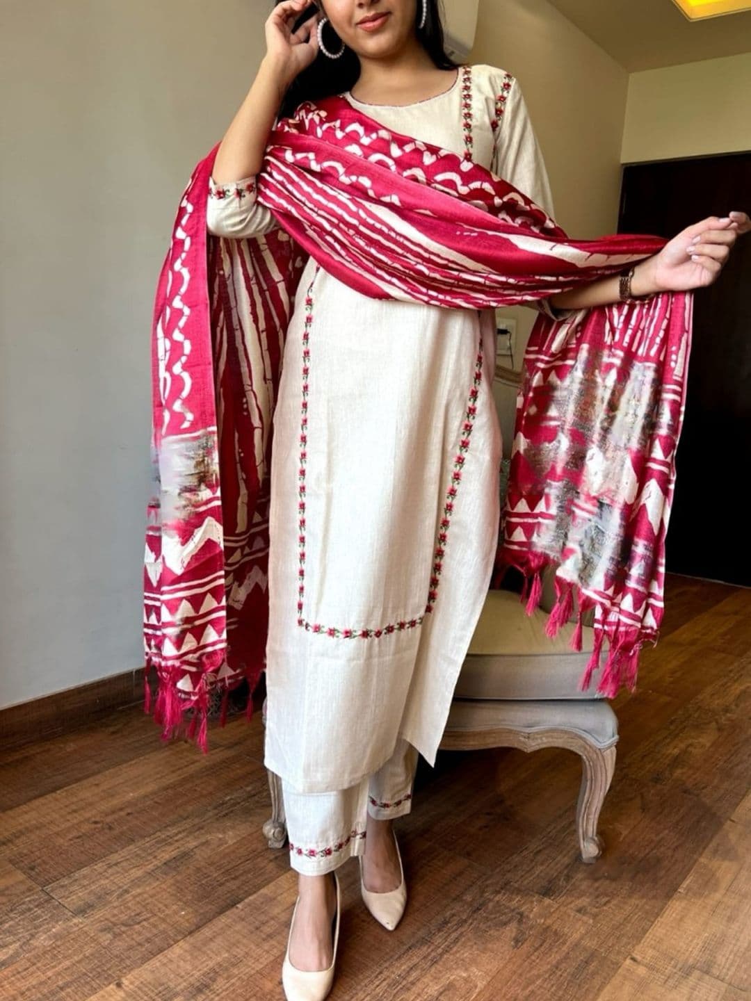 TRAHIMAM Floral Embroidered Regular Pure Cotton Kurta With Trouser With Dupatta - view 1
