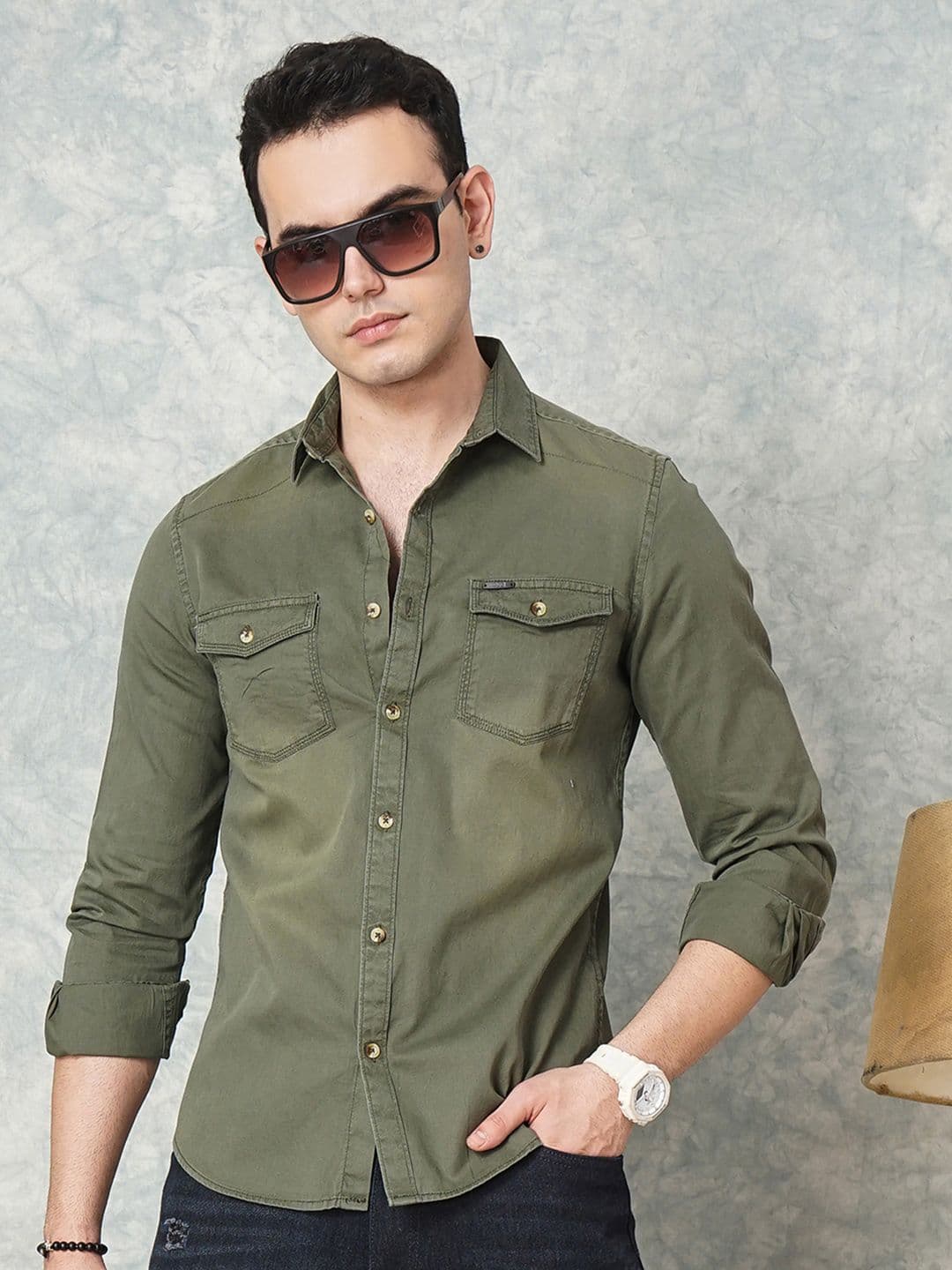 The Indian Garage Co Men Olive Green Solid Casual Shirt - view 1