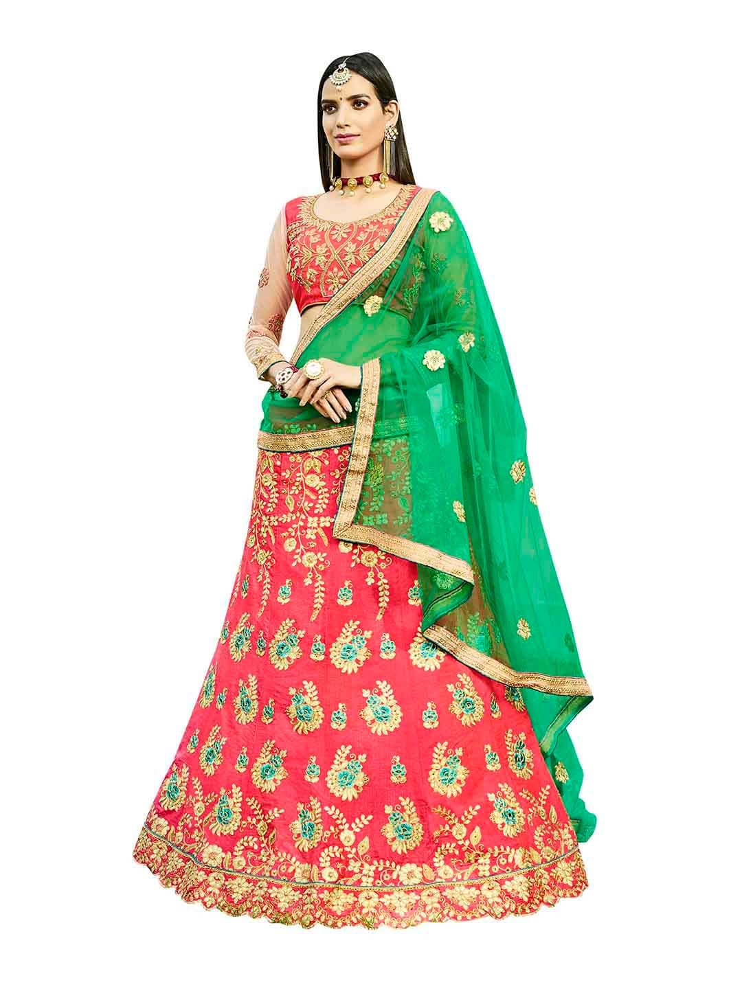 MANVAA Pink & Green Embroidered Thread Work Semi-Stitched Lehenga & Unstitched Blouse With Dupatta - view 1