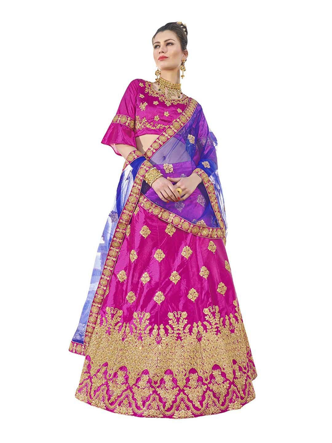 MANVAA Pink & Blue Embroidered Thread Work Semi-Stitched Lehenga & Unstitched Blouse With Dupatta - view 1