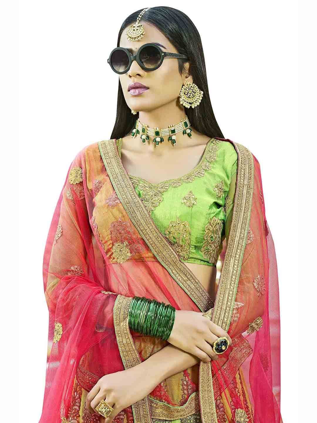 MANVAA Green & Pink Embroidered Thread Work Semi-Stitched Lehenga & Unstitched Blouse With Dupatta - view 1
