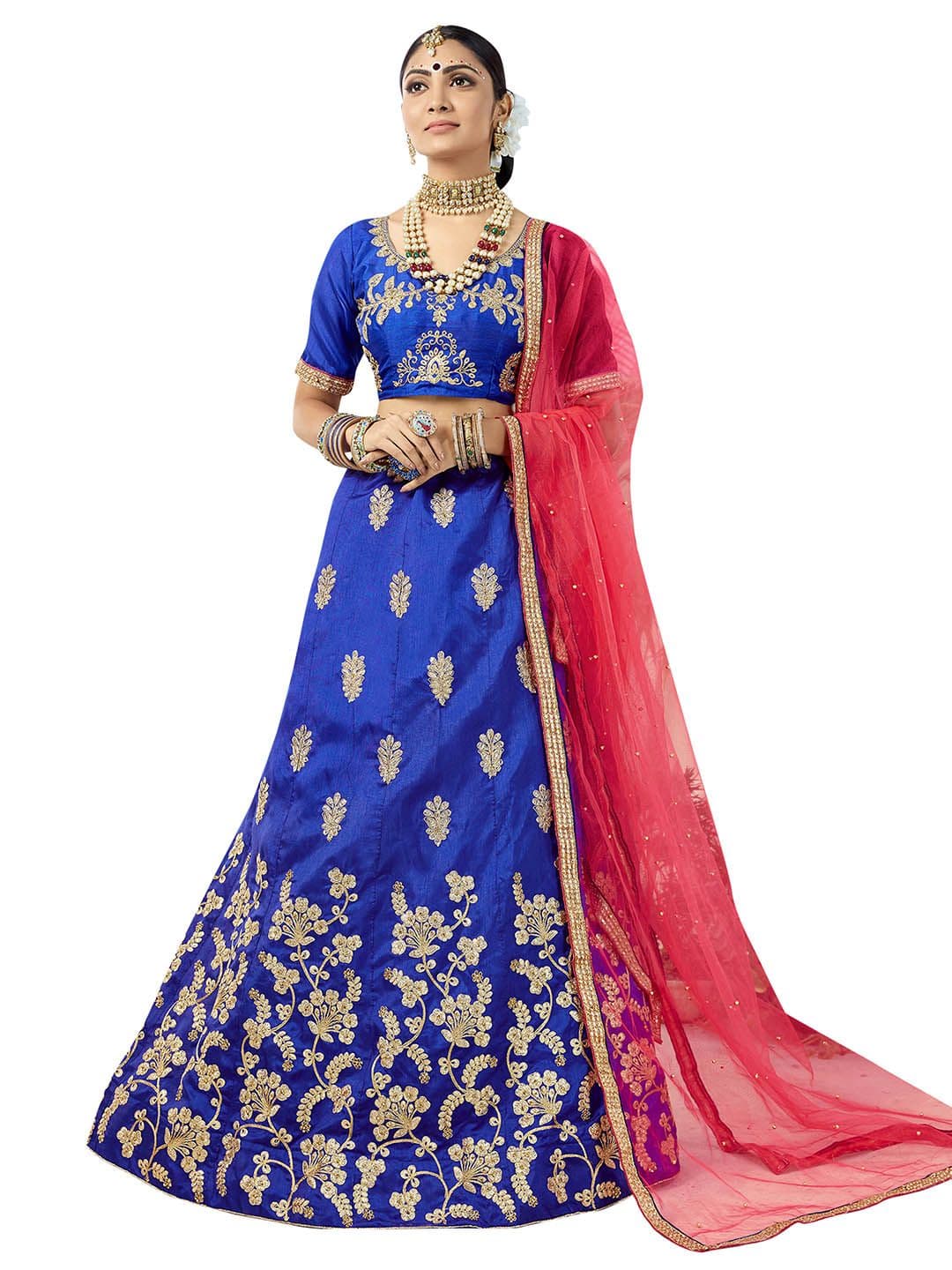 MANVAA Blue & Pink Embroidered Thread Work Semi-Stitched Lehenga & Unstitched Blouse With Dupatta - view 1