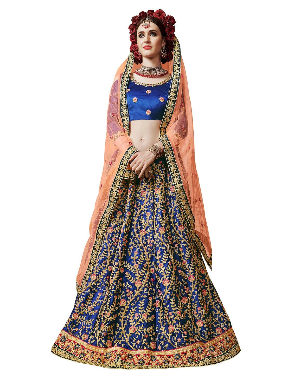 MANVAA Blue & Pink Embroidered Thread Work Semi-Stitched Lehenga & Unstitched Blouse With Dupatta - view 1