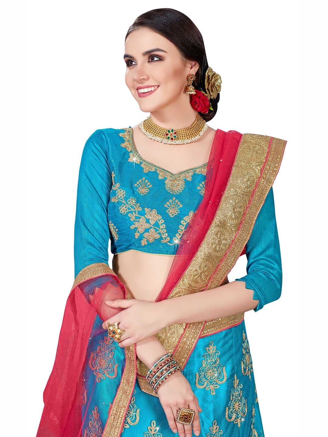 MANVAA Blue & Pink Embroidered Beads and Stones Semi-Stitched Lehenga & Unstitched Blouse With Dupatta - view 1