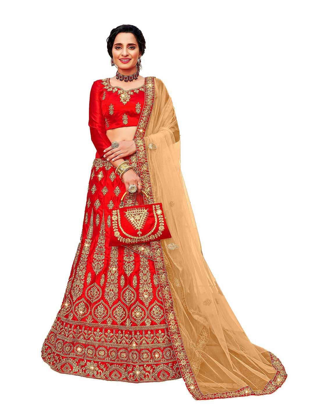 MANVAA Red & Gold-Toned Embroidered Thread Work Semi-Stitched Lehenga & Unstitched Blouse With Dupatta - view 1