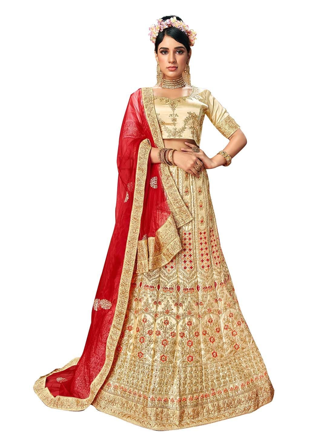 MANVAA Beige & Red Embroidered Thread Work Semi-Stitched Lehenga & Unstitched Blouse With Dupatta - view 1