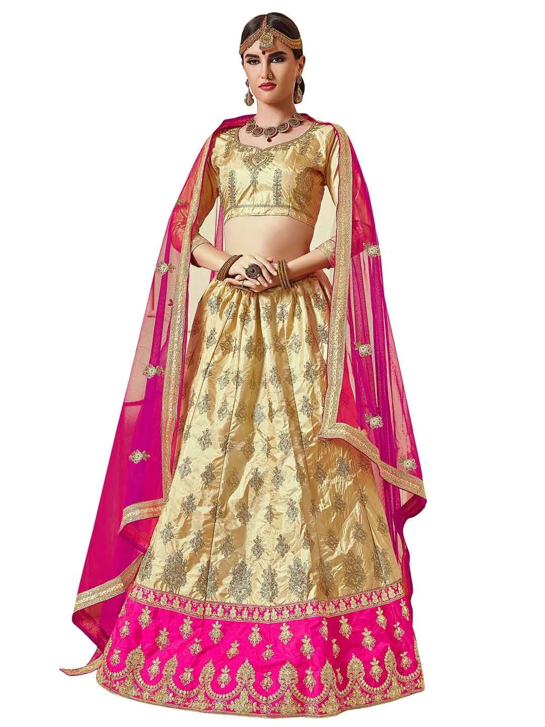 MANVAA Beige & Pink Embroidered Thread Work Semi-Stitched Lehenga & Unstitched Blouse With Dupatta - view 1
