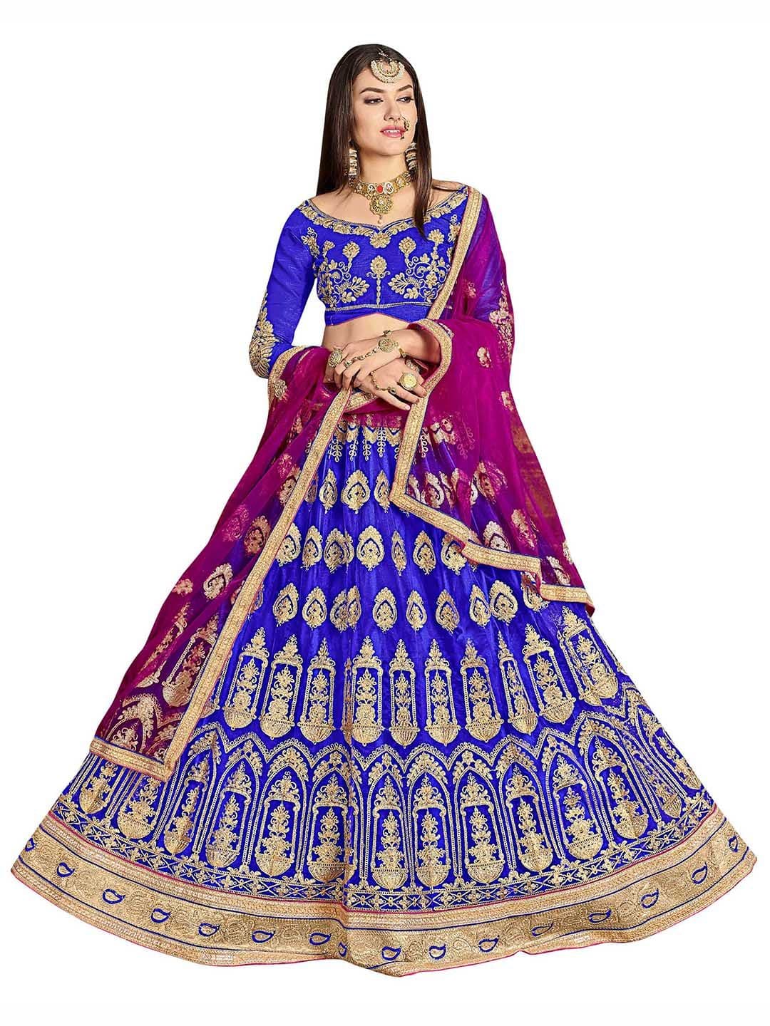MANVAA Blue & Purple Embroidered Thread Work Semi-Stitched Lehenga & Unstitched Blouse With Dupatta - view 1