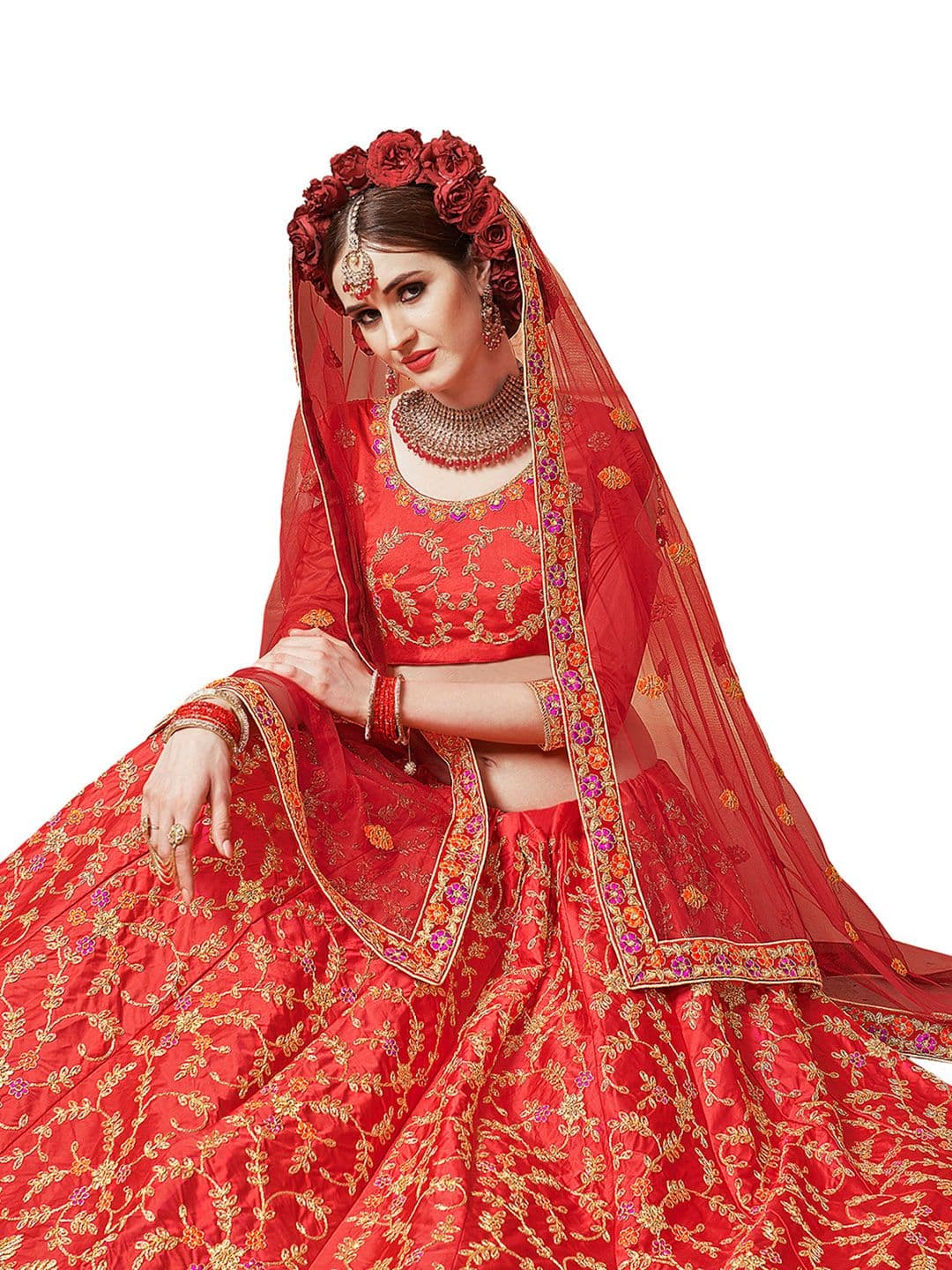 MANVAA Red & Gold-Toned Embroidered Thread Work Semi-Stitched Lehenga & Unstitched Blouse With Dupatta - view 1